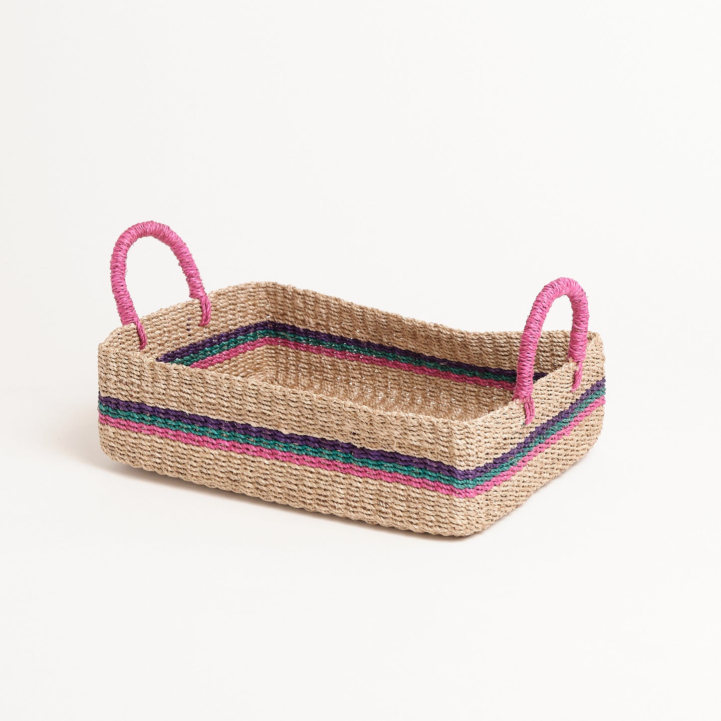 Abaca Tray With Handle Pink Stripes